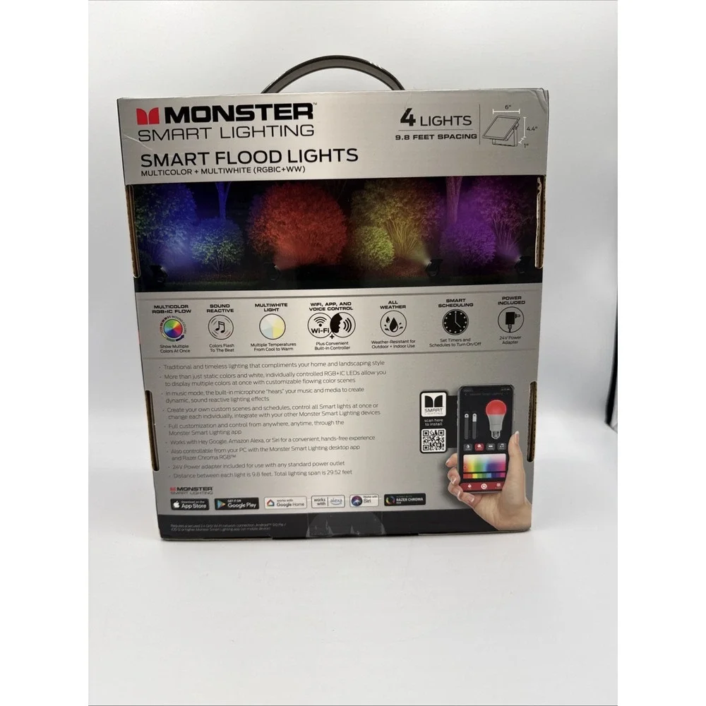 Monster Smart LED Flood Lights Outdoor App/Voice RGBIC+White 4-Pack
